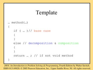 Template
… method(…)
{
if ( … )// base case
{
}
else // decomposition & composition
{
}
return … ; // if not void method
}
 