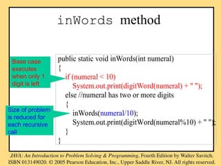 inWords method
public static void inWords(int numeral)
{
if (numeral < 10)
System.out.print(digitWord(numeral) + " ");
else //numeral has two or more digits
{
inWords(numeral/10);
System.out.print(digitWord(numeral%10) + " ");
}
}
Base case
executes
when only 1
digit is left
Size of problem
is reduced for
each recursive
call
 