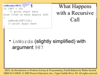 What Happens
with a Recursive
Call
• inWords (slightly simplified) with
argument 987
inWords(987)
if (987 < 10)
// print digit here
else //two or more digits left
{
inWords(987/10);
// print digit here
}
1
 