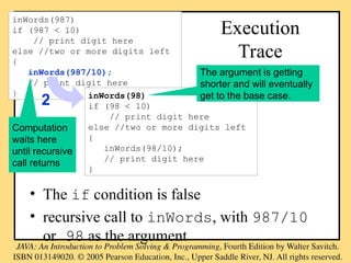 Execution
Trace
• The if condition is false
• recursive call to inWords, with 987/10
or 98 as the argument
inWords(987)
if (987 < 10)
// print digit here
else //two or more digits left
{
inWords(987/10);
// print digit here
} inWords(98)
if (98 < 10)
// print digit here
else //two or more digits left
{
inWords(98/10);
// print digit here
}
2
Computation
waits here
until recursive
call returns
The argument is getting
shorter and will eventually
get to the base case.
 