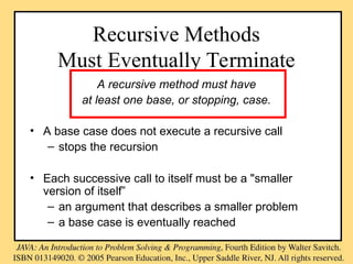 Recursive Methods
Must Eventually Terminate
A recursive method must have
at least one base, or stopping, case.
• A base case does not execute a recursive call
– stops the recursion
• Each successive call to itself must be a "smaller
version of itself”
– an argument that describes a smaller problem
– a base case is eventually reached
 