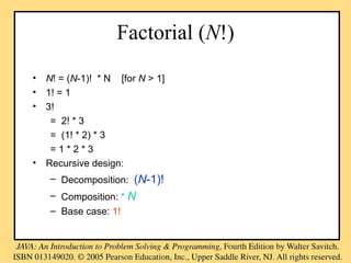 Factorial (N!)
• N! = (N-1)! * N [for N > 1]
• 1! = 1
• 3!
= 2! * 3
= (1! * 2) * 3
= 1 * 2 * 3
• Recursive design:
– Decomposition: (N-1)!
– Composition: * N
– Base case: 1!
 