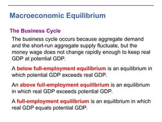 Macroeconomic Equilibrium
The Business Cycle
The business cycle occurs because aggregate demand
and the short-run aggregate supply fluctuate, but the
money wage does not change rapidly enough to keep real
GDP at potential GDP.
A below full-employment equilibrium is an equilibrium in
which potential GDP exceeds real GDP.
An above full-employment equilibrium is an equilibrium
in which real GDP exceeds potential GDP.
A full-employment equilibrium is an equilibrium in which
real GDP equals potential GDP.
 