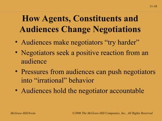11-10
McGraw-Hill/Irwin ©2006 The McGraw-Hill Companies, Inc., All Rights Reserved
How Agents, Constituents and
Audiences Change Negotiations
• Audiences make negotiators “try harder”
• Negotiators seek a positive reaction from an
audience
• Pressures from audiences can push negotiators
into “irrational” behavior
• Audiences hold the negotiator accountable
 