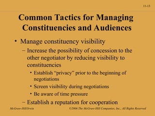 11-13
McGraw-Hill/Irwin ©2006 The McGraw-Hill Companies, Inc., All Rights Reserved
Common Tactics for Managing
Constituencies and Audiences
• Manage constituency visibility
– Increase the possibility of concession to the
other negotiator by reducing visibility to
constituencies
• Establish “privacy” prior to the beginning of
negotiations
• Screen visibility during negotiations
• Be aware of time pressure
– Establish a reputation for cooperation
 