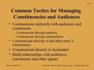 11-14
McGraw-Hill/Irwin ©2006 The McGraw-Hill Companies, Inc., All Rights Reserved
Common Tactics for Managing
Constituencies and Audiences
• Communicate indirectly with audiences and
constituents
– Communicate through superiors
– Communicate through intermediaries
• Communicate directly to the other party’s
constituency
• Communicate directly to bystanders
• Build relationships with audiences,
constituents and other agents
 