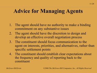 11-20
McGraw-Hill/Irwin ©2006 The McGraw-Hill Companies, Inc., All Rights Reserved
Advice for Managing Agents
1. The agent should have no authority to make a binding
commitment on any substantive issues
2. The agent should have the discretion to design and
develop an effective overall negotiation process
3. The constituent should focus communication to the
agent on interests, priorities, and alternatives, rather than
specific settlement points
4. The constituent should establish clear expectations about
the frequency and quality of reporting back to the
constituent
 