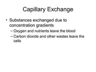 Capillary Exchange
• Substances exchanged due to
concentration gradients
– Oxygen and nutrients leave the blood
– Carbon dioxide and other wastes leave the
cells
 
