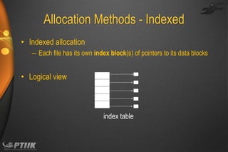 Allocation Methods - Indexed
• Indexed allocation
– Each file has its own index block(s) of pointers to its data blocks

• Logical view

index table

 