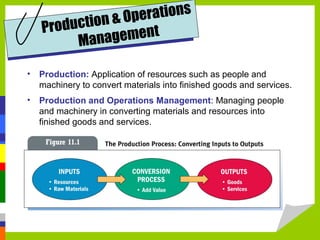 Production & Operations
Management
• Production: Application of resources such as people and
machinery to convert materials into finished goods and services.
• Production and Operations Management: Managing people
and machinery in converting materials and resources into
finished goods and services.
 