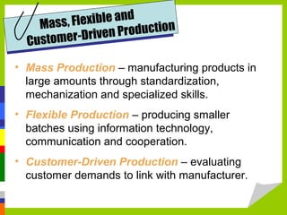 Mass, Flexible and
Customer-Driven Production
• Mass Production – manufacturing products in
large amounts through standardization,
mechanization and specialized skills.
• Flexible Production – producing smaller
batches using information technology,
communication and cooperation.
• Customer-Driven Production – evaluating
customer demands to link with manufacturer.
 