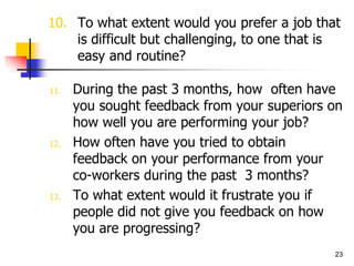 23
10. To what extent would you prefer a job that
is difficult but challenging, to one that is
easy and routine?
11. During the past 3 months, how often have
you sought feedback from your superiors on
how well you are performing your job?
12. How often have you tried to obtain
feedback on your performance from your
co-workers during the past 3 months?
13. To what extent would it frustrate you if
people did not give you feedback on how
you are progressing?
 