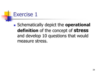 34
Exercise 1
 Schematically depict the operational
definition of the concept of stress
and develop 10 questions that would
measure stress.
 