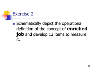 36
Exercise 2
 Schematically depict the operational
definition of the concept of enriched
job and develop 12 items to measure
it.
 