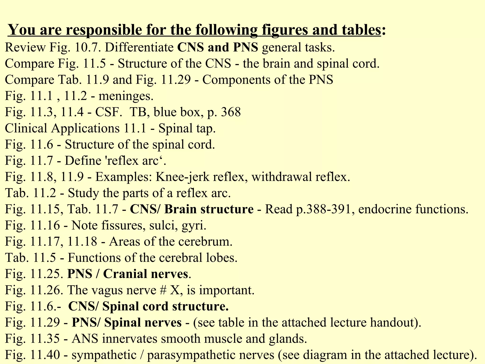   You are responsible for the following figures and tables : Review Fig. 10.7. Differentiate  CNS and PNS  general tasks. Compare Fig. 11.5 - Structure of the CNS - the brain and spinal cord. Compare Tab. 11.9 and Fig. 11.29 - Components of the PNS  Fig. 11.1 , 11.2 - meninges. Fig. 11.3, 11.4 - CSF.  TB, blue box, p. 368 Clinical Applications 11.1 - Spinal tap. Fig. 11.6 - Structure of the spinal cord. Fig. 11.7 - Define 'reflex arc‘. Fig. 11.8, 11.9 - Examples: Knee-jerk reflex, withdrawal reflex.  Tab. 11.2 - Study the parts of a reflex arc. Fig. 11.15, Tab. 11.7 -  CNS/ Brain structure  - Read p.388-391, endocrine functions. Fig. 11.16 - Note fissures, sulci, gyri.  Fig. 11.17, 11.18 - Areas of the cerebrum. Tab. 11.5 - Functions of the cerebral lobes. Fig. 11.25.  PNS / Cranial nerves . Fig. 11.26. The vagus nerve # X, is important.  Fig. 11.6.-  CNS/ Spinal cord structure. Fig. 11.29 -  PNS/ Spinal nerves  - (see table in the attached lecture handout). Fig. 11.35 - ANS innervates smooth muscle and glands.  Fig. 11.40 - sympathetic / parasympathetic nerves (see diagram in the attached lecture). 