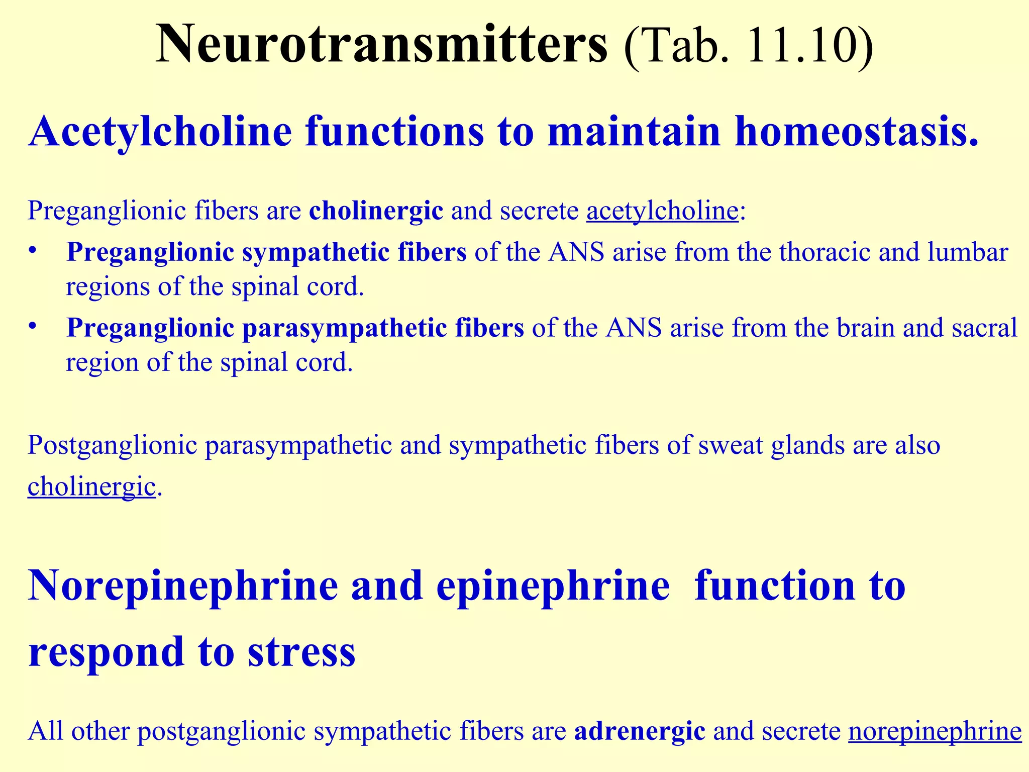Neurotransmitters  (Tab. 11.10) Acetylcholine functions to maintain homeostasis. Preganglionic fibers are  cholinergic  and secrete  acetylcholine : Preganglionic sympathetic fibers  of the ANS arise from the thoracic and lumbar regions of the spinal cord. Preganglionic parasympathetic fibers  of the ANS arise from the brain and sacral region of the spinal cord. Postganglionic parasympathetic and sympathetic fibers   of sweat glands   are also  cholinergic . Norepinephrine and epinephrine  function to  respond to stress All other postganglionic sympathetic fibers are  adrenergic  and secrete  norepinephrine 