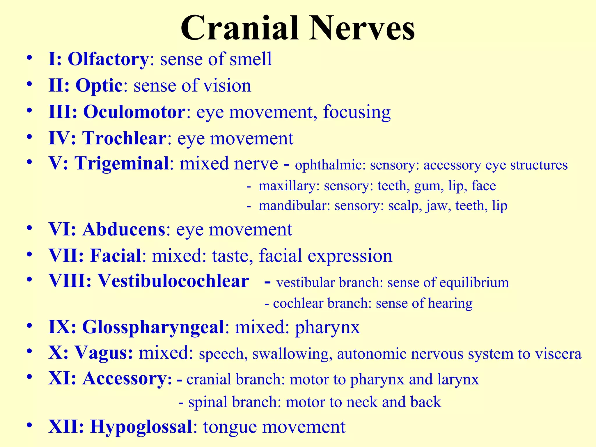 Cranial Nerves
• I: Olfactory: sense of smell
• II: Optic: sense of vision
• III: Oculomotor: eye movement, focusing
• IV: Trochlear: eye movement
• V: Trigeminal: mixed nerve - ophthalmic: sensory: accessory eye structures
- maxillary: sensory: teeth, gum, lip, face
- mandibular: sensory: scalp, jaw, teeth, lip
• VI: Abducens: eye movement
• VII: Facial: mixed: taste, facial expression
• VIII: Vestibulocochlear - vestibular branch: sense of equilibrium
- cochlear branch: sense of hearing
• IX: Glosspharyngeal: mixed: pharynx
• X: Vagus: mixed: speech, swallowing, autonomic nervous system to viscera
• XI: Accessory: - cranial branch: motor to pharynx and larynx
- spinal branch: motor to neck and back
• XII: Hypoglossal: tongue movement
 