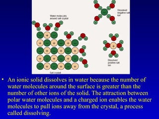 • An ionic solid dissolves in water because the number of
water molecules around the surface is greater than the
number of other ions of the solid. The attraction between
polar water molecules and a charged ion enables the water
molecules to pull ions away from the crystal, a process
called dissolving.
 