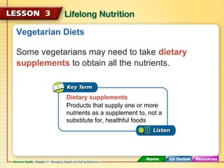 Vegetarian Diets 
Some vegetarians may need to take dietary 
supplements to obtain all the nutrients. 
Dietary supplements 
Products that supply one or more 
nutrients as a supplement to, not a 
substitute for, healthful foods 
 