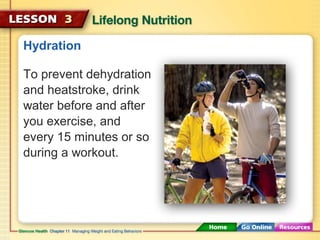Hydration 
To prevent dehydration 
and heatstroke, drink 
water before and after 
you exercise, and 
every 15 minutes or so 
during a workout. 
 