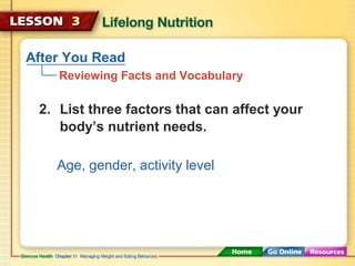 After You Read 
Reviewing Facts and Vocabulary 
2. List three factors that can affect your 
body’s nutrient needs. 
Age, gender, activity level 
 