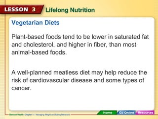 Vegetarian Diets 
Plant-based foods tend to be lower in saturated fat 
and cholesterol, and higher in fiber, than most 
animal-based foods. 
A well-planned meatless diet may help reduce the 
risk of cardiovascular disease and some types of 
cancer. 
 