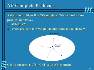 15
NP-Complete Problems
A decision problem D is NP-complete if it’s as hard as any
problem in NP, i.e.,
 D is in NP
 every problem in NP is polynomial-time reducible to D
Cook’s theorem (1971): CNF-sat is NP-complete
NP-complete
problem
NP problems
 