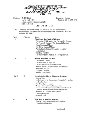 PACE UNIVERSITY WESTCHESTER
DYSON COLLEGE OF ARTS AND SCIENCES
WESTCHESTER CAMPUS
GENERAL CHEMISTRY I CHE 111
FALL 1999
Professor: Dr. D. Rahni Emergency Closing
Marks Hall 12C Number: (914) 773 3398
E-mail address: nrahni@pace.edu
(914) 773-3655
LECTURE OUTLINE
Text: Chemistry, Raymond Chang, McGraw Hill, Inc., 6th
edition. (1998)
Recommended Study Guide to accompany the text, Kenneth W. Watkins,
McGraw Hill, 1994.
Week Chapter Topic
1 1 Chemistry: The Study of Change
Chemistry: A Science for the Twenty-first Century
The Scientific Method: The Study of Chemistry
Classifications of Matter
The Three States of Matter
Physical and Chemical Properties of Matter
Measurement
Handling Numbers
The Factor-Label Method of Solving Problem
2 & 3 2 Atoms, Molecules and Ions
The Atomic Theory
The Structures of the Atom
The Periodic Table of the Elements
Atomic Number, Mass Number and Isotopes
Molecules and Ions
Chemical Formulas
Naming Compounds
4 & 5 3 Mass Relationships in Chemical Reactions
Atomic Mass
Molar Mass of an Element and Avogadro’s Number
Molecular Mass
The Mass Spectrometer
Percent Composition of Compounds
Experimental Determination of Empirical Formulas
Chemical Reactions and Chemical Equations
Amounts of Reactants and Products
Limiting Reagents
Reaction Yield
6 4 Reactions in Aqueous Solution
General Properties of Aqueous Solutions
Percipitation Reactions
- continued -
 