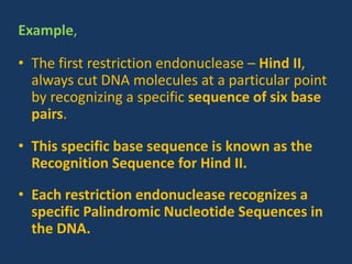 Example,
• The first restriction endonuclease – Hind II,
always cut DNA molecules at a particular point
by recognizing a specific sequence of six base
pairs.
• This specific base sequence is known as the
Recognition Sequence for Hind II.
• Each restriction endonuclease recognizes a
specific Palindromic Nucleotide Sequences in
the DNA.
 