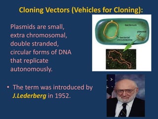 • The term was introduced by
J.Lederberg in 1952.
Cloning Vectors (Vehicles for Cloning):
Plasmids are small,
extra chromosomal,
double stranded,
circular forms of DNA
that replicate
autonomously.
 
