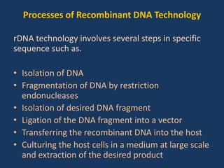 Processes of Recombinant DNA Technology
rDNA technology involves several steps in specific
sequence such as.
• Isolation of DNA
• Fragmentation of DNA by restriction
endonucleases
• Isolation of desired DNA fragment
• Ligation of the DNA fragment into a vector
• Transferring the recombinant DNA into the host
• Culturing the host cells in a medium at large scale
and extraction of the desired product
 