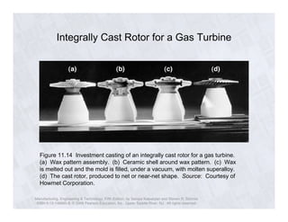 Integrally Cast Rotor for a Gas Turbine 
Figure 11.14 Investment casting of an integrally cast rotor for a gas turbine. 
(a) Wax pattern assembly. (b) Ceramic shell around wax pattern. (c) Wax 
is melted out and the mold is filled, under a vacuum, with molten superalloy. 
(d) The cast rotor, produced to net or near-net shape. Source: Courtesy of 
Howmet Corporation. 
Manufacturing, Engineering & Technology, Fifth Edition, by Serope Kalpakjian and Steven R. Schmid. 
ISBN 0-13-148965-8. © 2006 Pearson Education, Inc., Upper Saddle River, NJ. All rights reserved. 
 