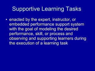 Supportive Learning Tasks   enacted by the expert, instructor, or embedded performance support system with the goal of modeling the desired performance, skill, or process and observing and supporting learners during the execution of a learning task  