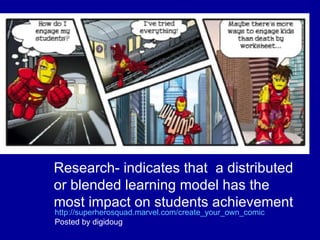 Research- indicates that  a distributed or blended learning model has the most impact on students achievement  http://superherosquad.marvel.com/create_your_own_comic Posted by digidoug  