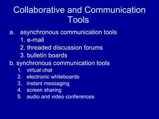 Collaborative and Communication Tools  asynchronous communication tools  1. e-mail  2. threaded discussion forums  3. bulletin boards  b. synchronous communication tools  virtual chat  electronic whiteboards  instant messaging  screen sharing  audio and video conferences  
