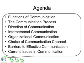 Agenda
• Functions of Communication
• The Communication Process
• Direction of Communication
• Interpersonal Communication
• Organizational Communication
• Choice of Communication Channel
• Barriers to Effective Communication
• Current Issues in Communication
2
 