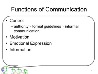 Functions of Communication
• Control
– authority、formal guidelines、informal
communication
• Motivation
• Emotional Expression
• Information
4
 