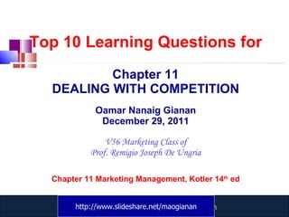Top 10 Learning Questions for Chapter 11 DEALING WITH COMPETITION Oamar Nanaig Gianan December 29, 2011 V56 Marketing Class of Prof. Remigio Joseph De Ungria Chapter 11 Marketing Management, Kotler 14 th  ed http://www.slideshare.net/maogianan 