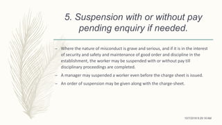 5. Suspension with or without pay
pending enquiry if needed.
– Where the nature of misconduct is grave and serious, and if it is in the interest
of security and safety and maintenance of good order and discipline in the
establishment, the worker may be suspended with or without pay till
disciplinary proceedings are completed.
– A manager may suspended a worker even before the charge sheet is issued.
– An order of suspension may be given along with the charge-sheet.
10/7/2018 9:29:18 AM
 