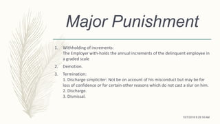 Major Punishment
1. Withholding of increments:
The Employer with-holds the annual increments of the delinquent employee in
a graded scale
2. Demotion.
3. Termination:
1. Discharge simpliciter: Not be on account of his misconduct but may be for
loss of confidence or for certain other reasons which do not cast a slur on him.
2. Discharge.
3. Dismissal.
10/7/2018 9:29:18 AM
 