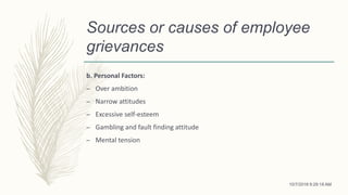 Sources or causes of employee
grievances
b. Personal Factors:
– Over ambition
– Narrow attitudes
– Excessive self-esteem
– Gambling and fault finding attitude
– Mental tension
10/7/2018 9:29:18 AM
 