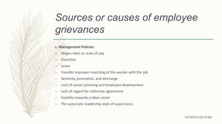 Sources or causes of employee
grievances
c. Management Policies:
– Wages rates or scale of pay
– Overtime
– Leave
– Transfer improper matching of the worker with the job
– Seniority, promotion, and discharge
– Lack of career planning and employee development
– Lack of regard for collective agreement
– Hostility towards a labor union
– The autocratic leadership style of supervisors.
10/7/2018 9:29:18 AM
 