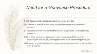 Need for a Grievance Procedure
A well-designed and a proper grievance procedure provide:
(I) A channel or avenue by which any aggrieved employee may present his
grievance;
(ii) A procedure which ensures that there will be a systematic handling of every
grievance;
(iii) A method by which an aggrieved employee can relieve his feelings of
dissatisfaction with his job, working conditions, or with the management; and
(iv) A means of ensuring that there is some measure of promptness in the handling
of the grievance.
10/7/2018 9:29:18 AM
 