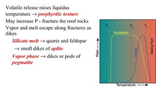 Volatile release raises liquidus
temperature → porphyritic texture
May increase P - fracture the roof rocks
Vapor and melt escape along fractures as
dikes
Silicate melt → quartz and feldspar
→ small dikes of aplite
Vapor phase → dikes or pods of
pegmatite
 
