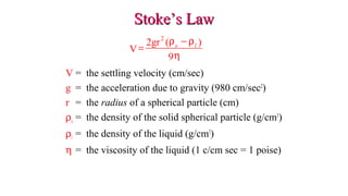 Stoke’s LawStoke’s Law
V = the settling velocity (cm/sec)
g = the acceleration due to gravity (980 cm/sec2
)
r = the radius of a spherical particle (cm)
ρs = the density of the solid spherical particle (g/cm3
)
ρl = the density of the liquid (g/cm3
)
η = the viscosity of the liquid (1 c/cm sec = 1 poise)
V
2gr ( )
9
2
=
−ρ ρ
η
s l
 
