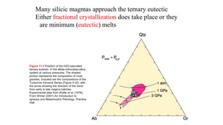 Many silicic magmas approach the ternary eutectic
Either fractional crystallization does take place or they
are minimum (eutectic) melts
Figure 11.3 Position of the H2O-saturated
ternary eutectic in the albite-orthoclase-silica
system at various pressures. The shaded
portion represents the composition of most
granites. Included are the compositions of the
Tuolumne Intrusive Series (Figure 4-32), with
the arrow showing the direction of the trend
from early to late magma batches.
Experimental data from Wyllie et al. (1976).
From Winter (2001) An Introduction to
Igneous and Metamorphic Petrology. Prentice
Hall
 