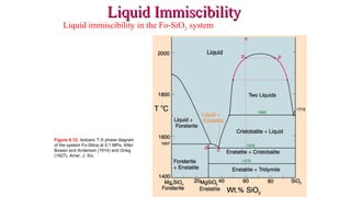 Liquid immiscibility in the Fo-SiO2 system
Liquid ImmiscibilityLiquid Immiscibility
Figure 6.12. Isobaric T-X phase diagram
of the system Fo-Silica at 0.1 MPa. After
Bowen and Anderson (1914) and Grieg
(1927). Amer. J. Sci.
 