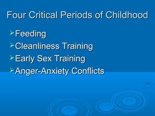 Four Critical Periods of ChildhoodFour Critical Periods of Childhood
FeedingFeeding
Cleanliness TrainingCleanliness Training
Early Sex TrainingEarly Sex Training
Anger-Anxiety ConflictsAnger-Anxiety Conflicts
 