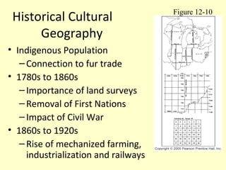 Historical Cultural
Geography
• Indigenous Population
–Connection to fur trade
• 1780s to 1860s
–Importance of land surveys
–Removal of First Nations
–Impact of Civil War
• 1860s to 1920s
–Rise of mechanized farming,
industrialization and railways
Figure 12-10
 