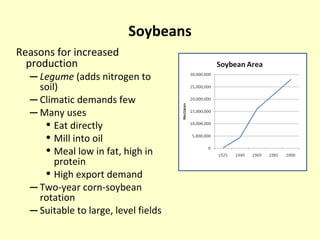 Soybeans
Reasons for increased
production
– Legume (adds nitrogen to
soil)
– Climatic demands few
– Many uses
• Eat directly
• Mill into oil
• Meal low in fat, high in
protein
• High export demand
– Two-year corn-soybean
rotation
– Suitable to large, level fields
 